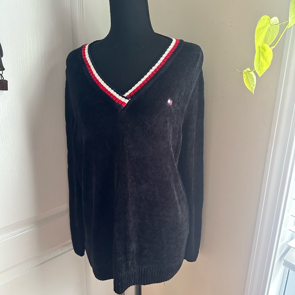 Tommy Hilfiger Black V-Neck Sweater with Red and White Accents
